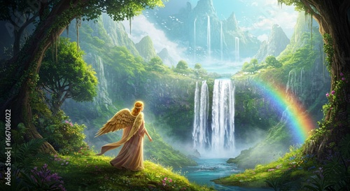 angel, waterfall and rainbow