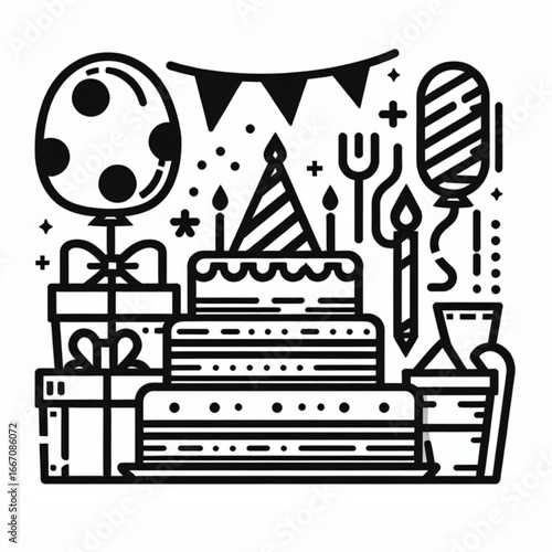 Celebration's Elements in Festive Display: A celebratory arrangement in simple black lines, features a multi-tiered cake crowned with candles, gifts, balloons and streamers.