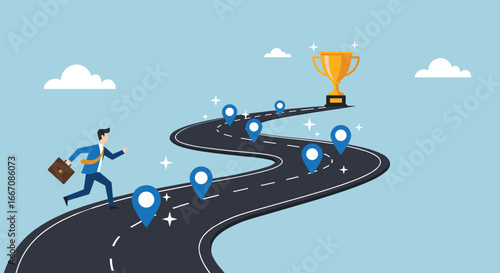Business success journey vector illustration, businessman running on curved road with map markers, career goal achievement concept, path to success graphic
