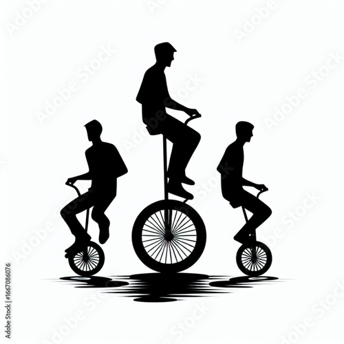 Balancing Act Silhouette: Three figures showcase skillful unicycle mastery in this striking silhouette, a minimalist artistic portrayal of grace and balance. 