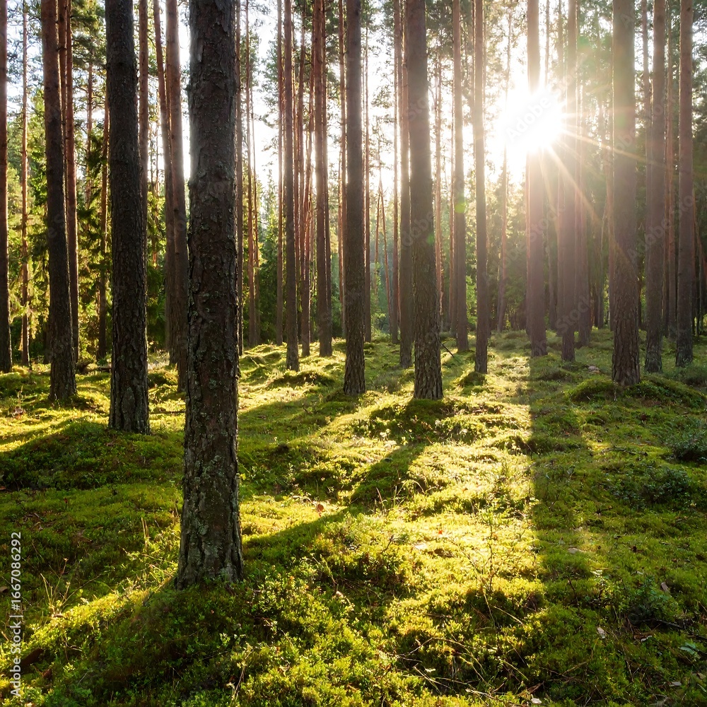 Obraz premium Sunlight filtering through pine trees in a mossy forest floor.