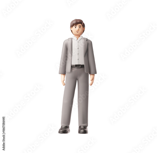 Businessman in gray formal suit standing 3D plastic style, vector cartoon friendly office employee, manager character