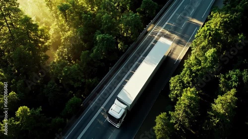 A green delivery truck drives on a highway surrounded by a forest of tall trees. The truck has a blank white cargo area, emphasizing its utility.