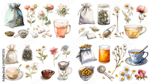 Watercolor illustrations of herbal tea cups, dried flowers, tea bags, and jars, showcasing natural, organic, and calming beverage elements.
