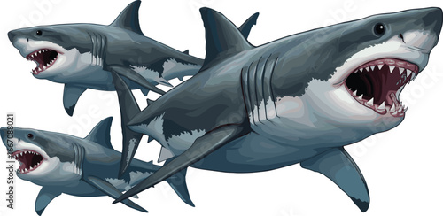 Aggressive cartoon sharks swimming together, open mouths with sharp teeth, blue ocean predator illustration, marine animal vector, danger wildlife concept drawing