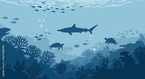 Underwater marine life vector, sea turtle and shark swimming with tropical fish in coral reef ecosystem, ocean wildlife silhouette illustration for content