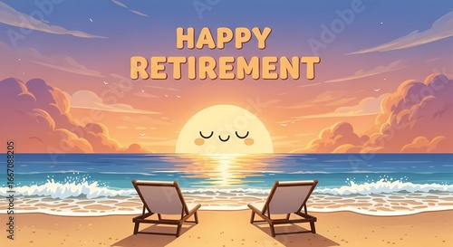 Tranquil beach sunset with cute sun, relaxing chairs, and happy retirement theme for greeting card design