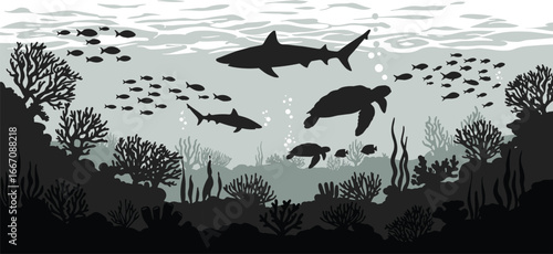 Silhouette underwater scene with sharks, turtles, coral reef and fish, black and white vector marine life illustration for ocean wildlife backgrounds