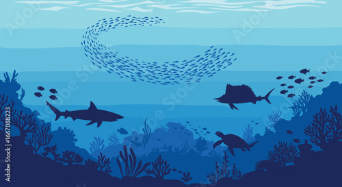 Underwater scene with shark, turtle, coral reef and fish school, ocean marine life vector illustration for nature, wildlife, diving, and aquatic design