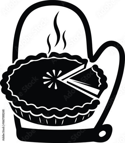 Thanksgiving pumpkin pie vector art of a delicious pie in oven glove for bakery or restaurant menu design vector