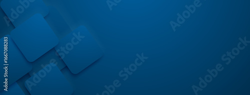 Blue abstract background with layered rounded rectangles creating depth effect on left side.