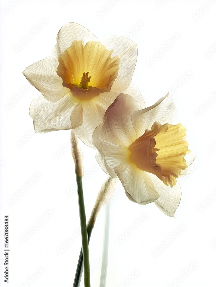 Fototapeta premium Translucent Yellow Jonquil Flowers on a White Background, Birth Flower, Minimalist March Flower