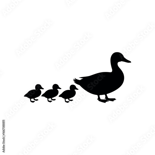 Black silhouette of a mother duck leading three ducklings in a line animal bird