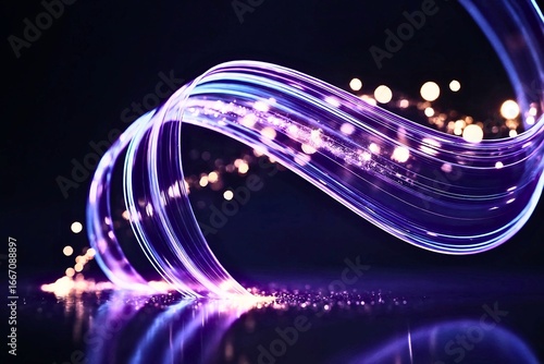 Abstract glowing purple light ribbon with sparkling particles reflecting on a dark surface