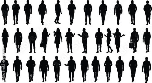 Silhouettes of men and women walking, standing, talking, and gesturing in various poses, casual clothing, vector people illustration for design use
