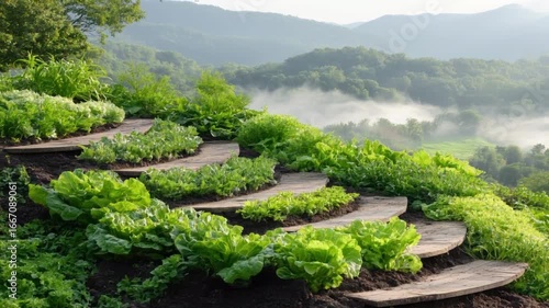 Lush green vegetable garden with tiered wooden steps. Misty mountains in the background. Fresh lettuce plants growing abundantly.