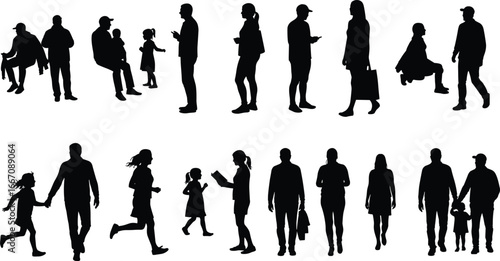 Silhouettes of parents and children, walking, sitting, running, and interacting in casual clothes, family relationship vector illustration on white background