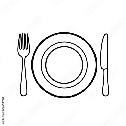 Plate, fork and knife isolated on white background