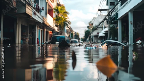 flooded street with debris and submerged vehicles. Buildings line the street under cloudy skies. Water reflects the surroundings, creating a somber atmosphere