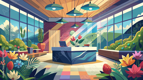 Panoramic reception area filled with natural warmth, 4K HDR fresh flowers uplift sleek professional setting, semi-realistic abstraction balancing structure and softness, timeless harmony of nature and