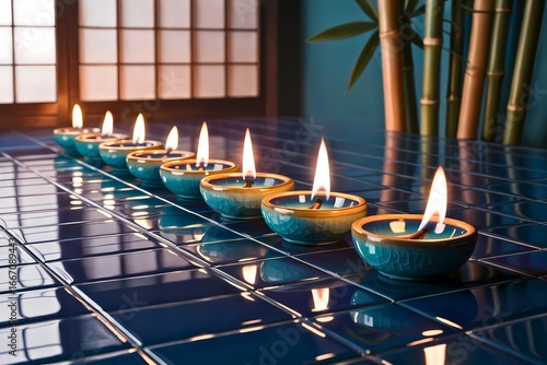 Row of lit oil lamps in blue bowls on a reflective tiled surface with bamboo and shoji screen