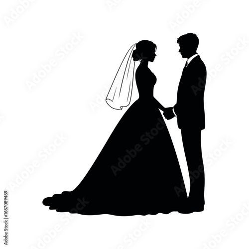 Black silhouette of bride and groom holding hands on white background wedding couple