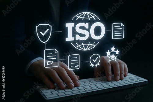 Person typing on keyboard with glowing iso and global business icons promoting standards and compliance