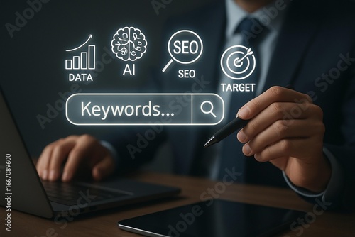 Businessman using digital interface to search for keywords and optimize data analytics ai seo
