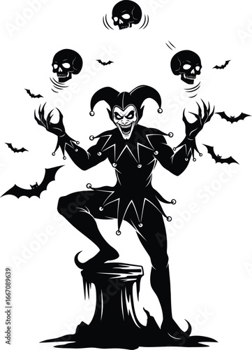 Halloween characters vector art of a sinister jester juggles skulls amidst a swarm of bats, creating a spooky and macabre scene vector