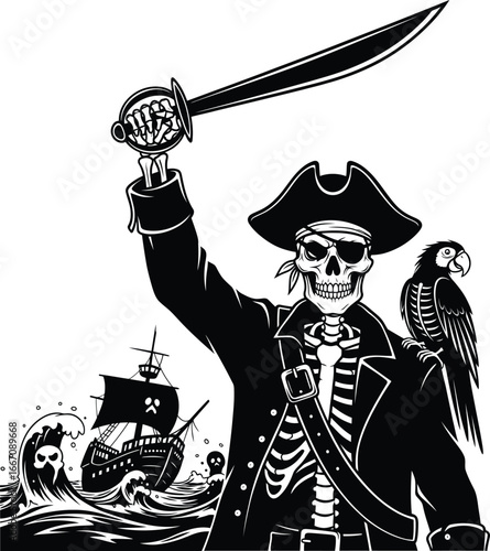 Halloween characters vector art of pirate skeleton with sword and parrot, standing before a ship in a stormy sea vector