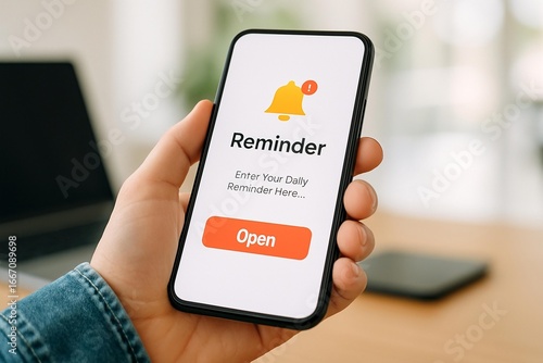 Person holding smartphone displaying reminder notification with alarm icon and app button