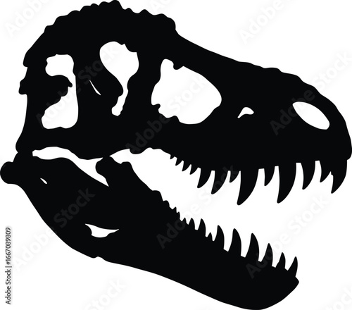 Tyrannosaurus rex skull silhouette vector, dinosaur fossil head illustration, black and white T-Rex skeleton design for educational, prehistoric or science projects.