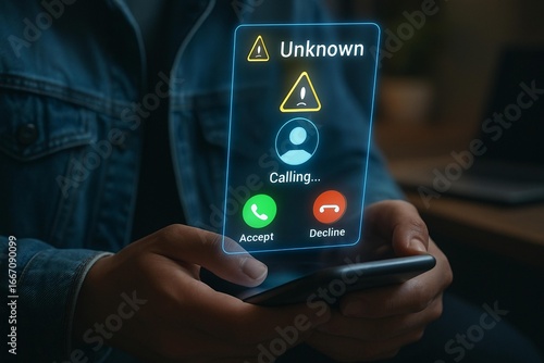Person receives suspicious incoming call on smartphone showing unknown caller id and warning symbol