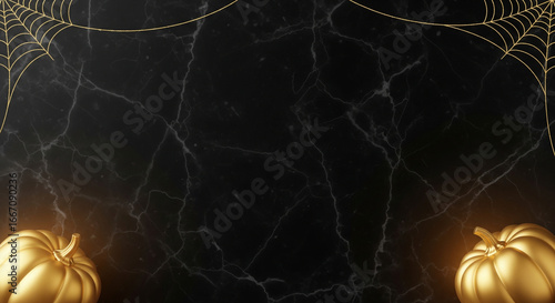 Golden pumpkins and spiderwebs create an opulent Halloween atmosphere on a sleek black marble background, perfect for sophisticated autumn celebrations