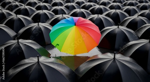 Stand out with vibrant rainbow umbrella amidst a sea of black umbrellas, embrace individuality today