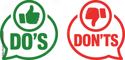 Do s and don ts icons with thumbs up and thumbs down symbols