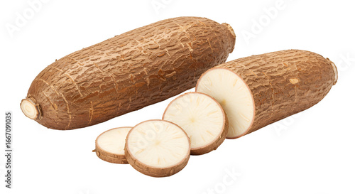 Close up of whole and sliced cassava root showing the texture and white flesh on a black background isolated on transparent white background]