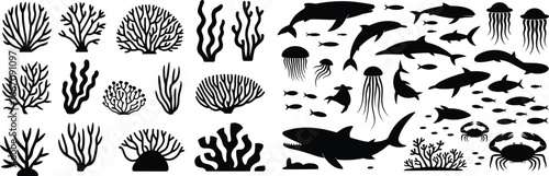 Sea life vector set with coral, dolphins, sharks, jellyfish, fish, and crabs in silhouette style for marine, ocean-themed design projects