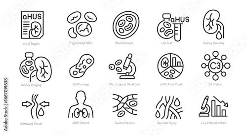 aHUS icon set. Editable vector illustrations of kidney failure,