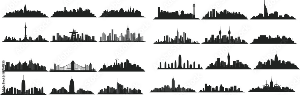 Fototapeta premium Global city skyline vector silhouettes collection, featuring iconic urban landscapes, famous buildings, cityscapes, and architectural landmarks in editable black graphic illustration style.