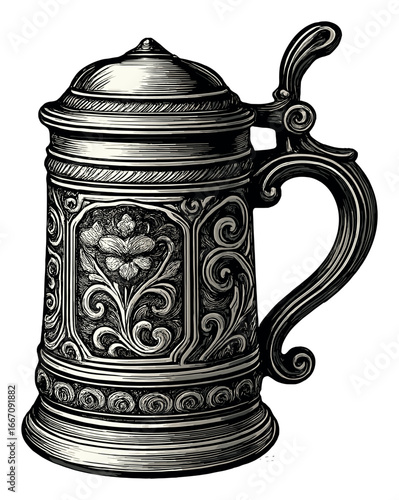 Intricately designed silver tankard with floral motif and handle on olive background