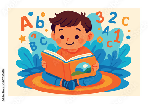 Young hispanic boy reading book surrounded by letters and numbers
