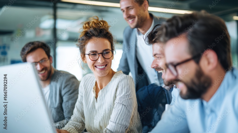 Obraz premium A group of five employees collaborates in a sleek office environment, sharing ideas and smiling while working together on a project at a daytime brainstorming session.