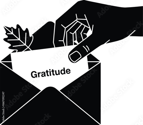 Thanksgiving gratitude cards vector art of hand putting gratitude card in envelope with leaf for thanksgiving design vector