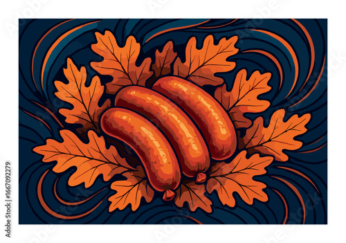 Artistic autumn leaves and sausages illustration with swirling patterns