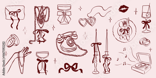 Hand drawn coquette wedding elements. Vintage cute symbols with ribbon and bow in simple crayon sketch style. Trendy art for Valentine day and bachelorette invitations. Aesthetic vector illustration