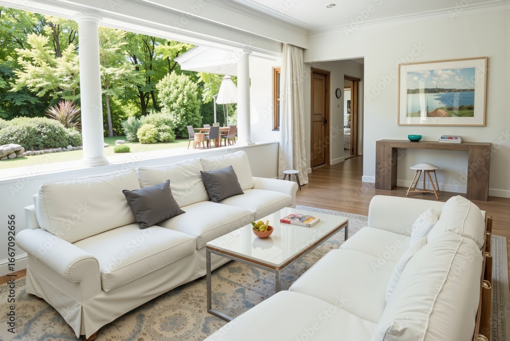 Fototapeta premium a living room with white furniture and a large window
