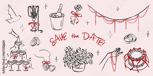 Hand drawn coquette wedding elements. Vintage cute symbols with ribbon and bow in simple crayon sketch style. Trendy art for Valentine day and bachelorette invitations. Elegant vector illustration