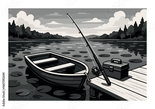 Monochrome lakeside fishing scene with rowboat and gear on dock