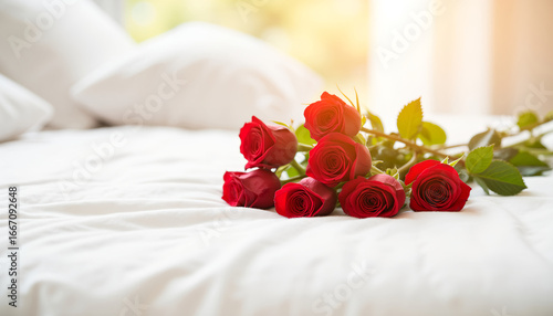 Red rose bouquet on bed — elegant simplicity in warm sunlight, editorial bedroom scene with copy space